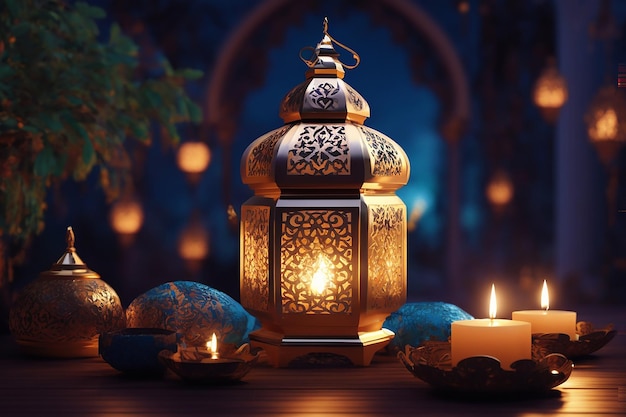 Ornamental Arabic lantern with burning candle glowing at night Festive greeting card invitation for Muslim holy month Ramadan Kareem