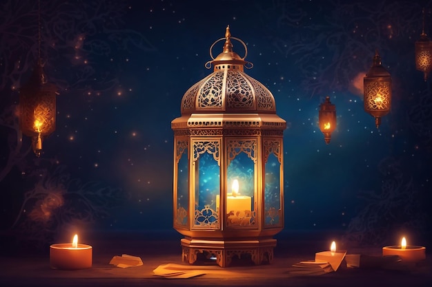 Ornamental Arabic lantern with burning candle glowing at night Festive greeting card invitation for Muslim holy month Ramadan Kareem