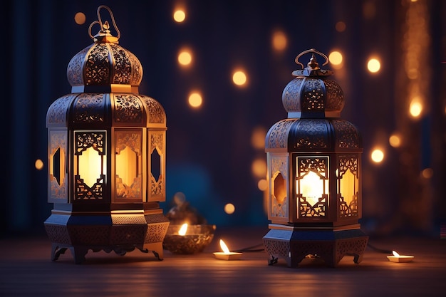 Ornamental Arabic lantern with burning candle glowing at night Festive greeting card invitation for Muslim holy month Ramadan Kareem