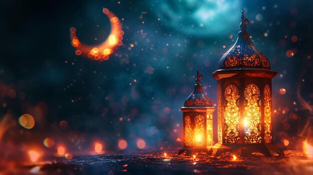Орнаментный арабский фонарь с горящей свечой, светящейся ночью Праздничная поздравительная открытка приглашение для мусульманского священного месяца Рамадан Карим