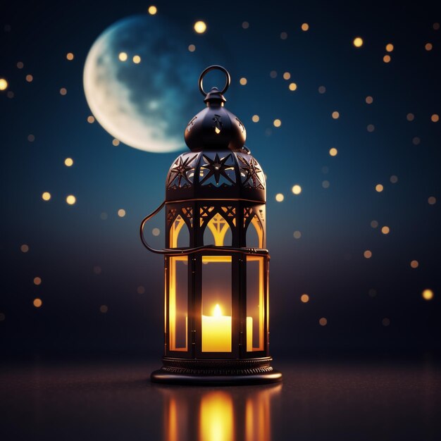 Ornamental Arabic lantern with burning candle glowing at night Festive greeting card invitation for Muslim holy month Ramadan Kareem