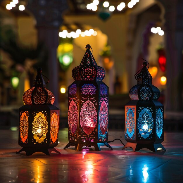 Ornamental Arabic lantern with burning candle glowing at night Festive greeting card invitation