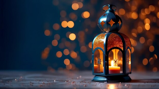 Ornamental Arabic lantern with burning candle glowing at night and glittering golden bokeh lights Festive greeting card invitation for Muslim holy month Ramadan Kareem Generative AI