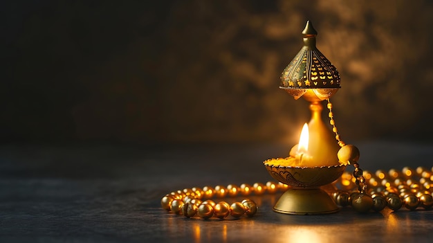 Ornamental Arabic lantern with burning candle glowing at night invitation for Muslim holy month Ramadan Kareem