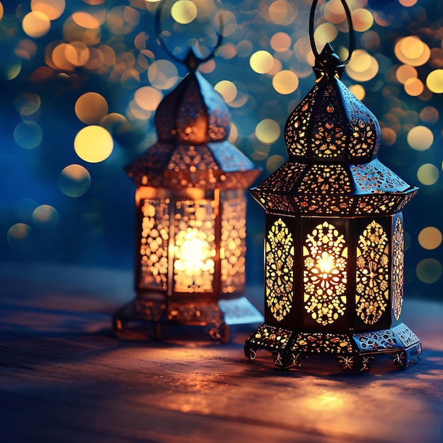 Ornamental Arabic lantern with burning candle glowing at night invitation for Muslim holy month Ramadan Kareem