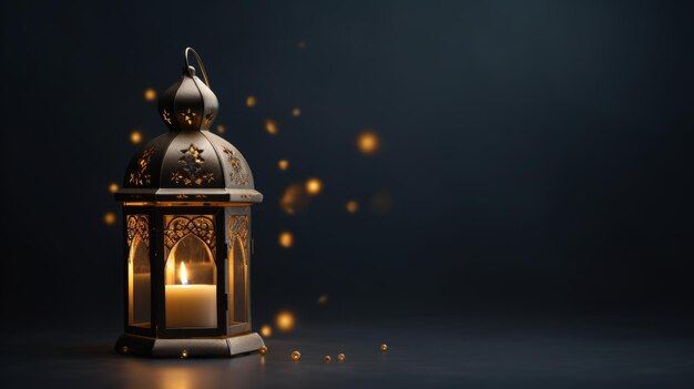 Ornamental arabic lantern with burning candle glowing at night neural network ai generated