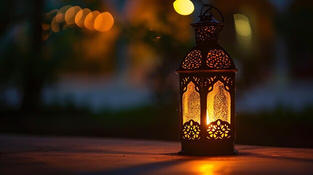 Ornamental Arabic lantern with burning candle glowing at night Ramadan Kareem concept