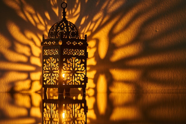 Ornamental Arabic lantern with burning candle glowing at night