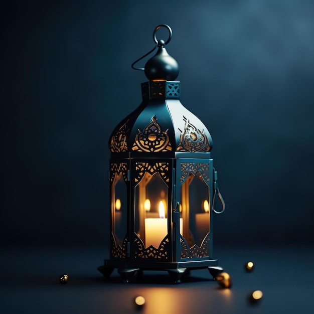 Foto lanterna araba ornamentale con candela accesa che illumina l'invito per il mese santo musulmano del ramadan