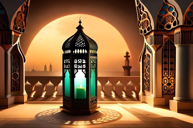 Photo ornamental arabic lantern with burning candle glowing