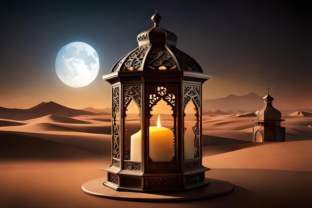 Ornamental Arabic lantern with burning candle glowing