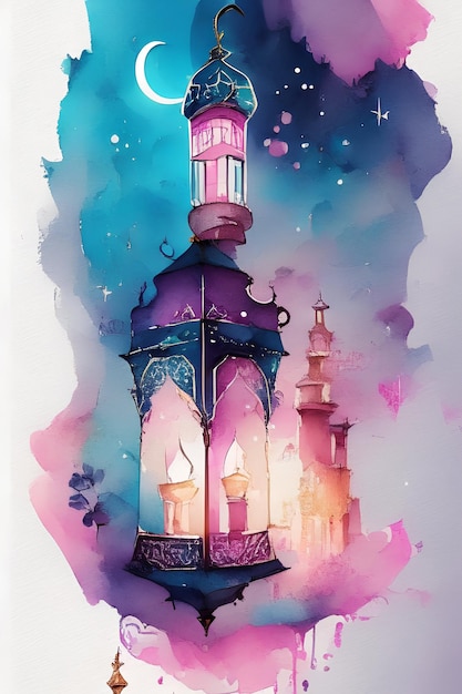 Ornamental Arabic lantern with burning candle glowing