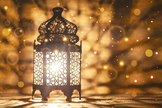 Ornamental Arabic lantern with burning candle glowing