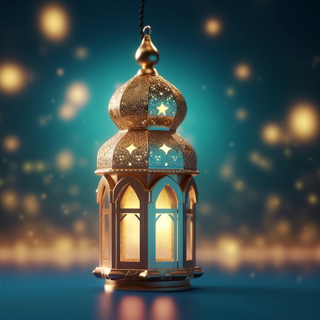 Ornamental arabic lantern with burning candle glowing