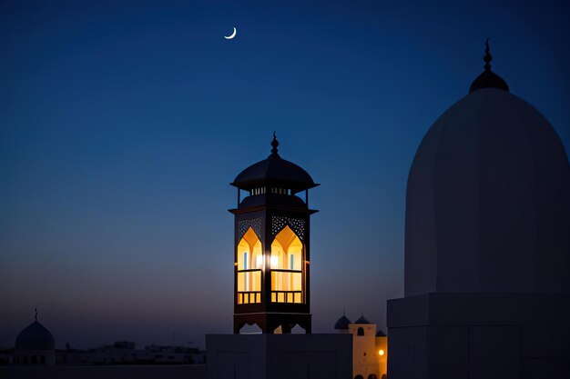 Ornamental Arabic lantern with burning candle glowingMuslim holy month Ramadan Kareem Generative AI