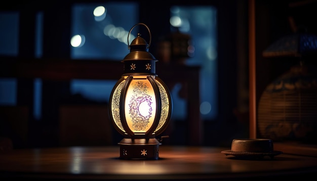 Ornamental Arabic lantern with burning candles glowing at night Muslim holy month ramadan kareem