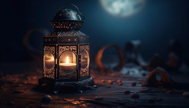 밤 이슬람 성월 라마단 카림에 촛불이 빛나는 장식용 아랍어 랜턴