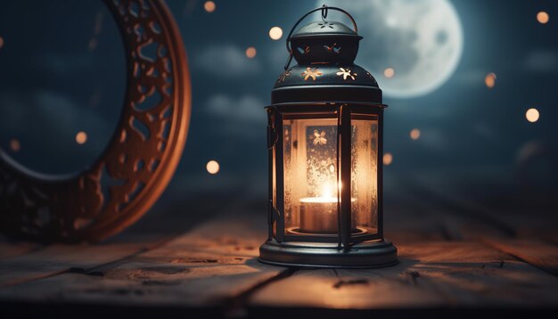 Ornamental Arabic lantern with burning candles glowing at night Muslim holy month ramadan kareem