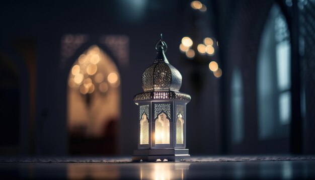 Ornamental Arabic lantern with burning candles glowing at night Muslim holy month ramadan kareem