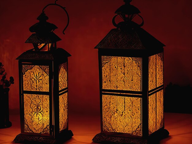 Ornamental Arabic lantern with burning glowing light