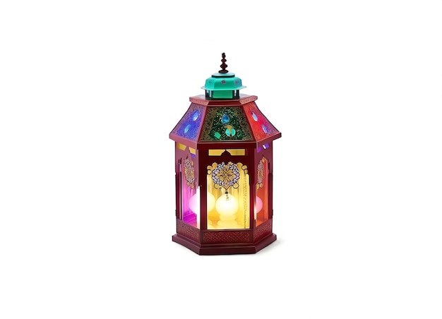 An ornamental Arabic lantern with colorful glass glowing on a dark background a greeting for Ramada