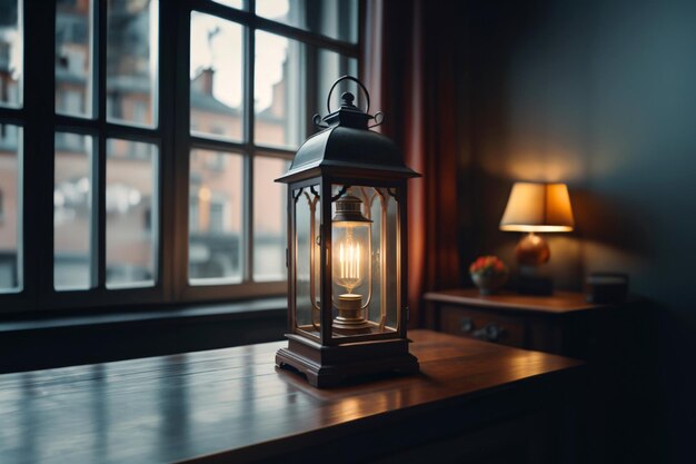 An ornamental Arabic lantern with colorful glass glowing on a dark background a greeting for Ramada