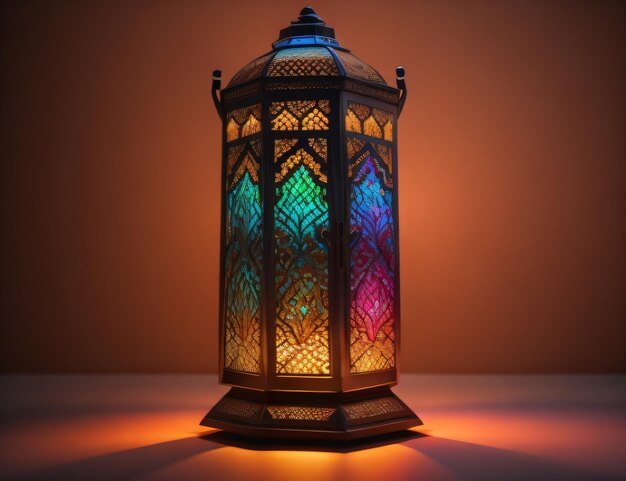 An ornamental Arabic lantern with colorful glass glowing on a dark background a greeting for Ramada
