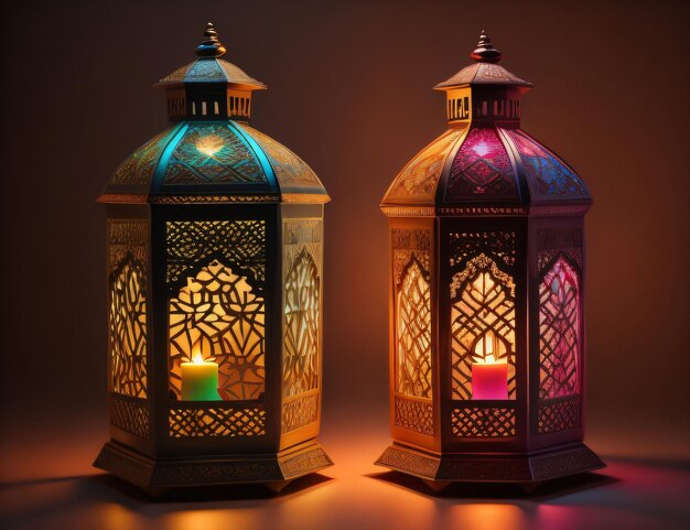 어두운 배경 에 빛나는 다채로운 유리 를 가진 장식적 인 아랍 등불 은 라마다 를 위한 인사 이다
