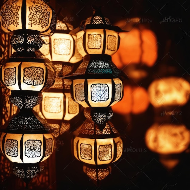 An ornamental arabic lantern with colorful light glowing in the street in the evening