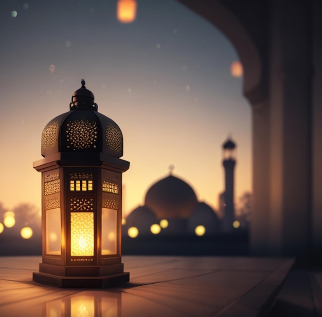 Ornamental arabic lantern with mosque eid mubarak background