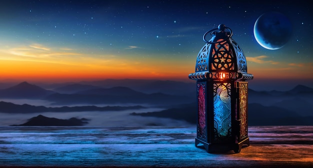 Photo ornamental arabic lantern on wooden table ramadan kareem background