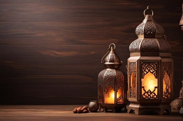 Ornamental arabic lantern on wooden table ramadan kareem background