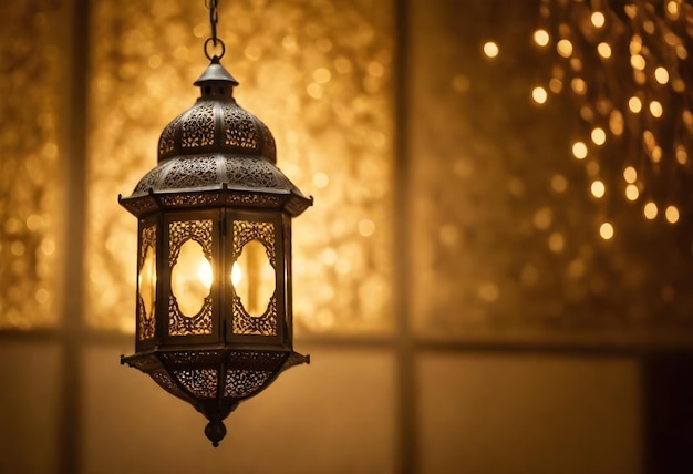 Ornamental Arabic lanterns Burning candles on table glowing at night light