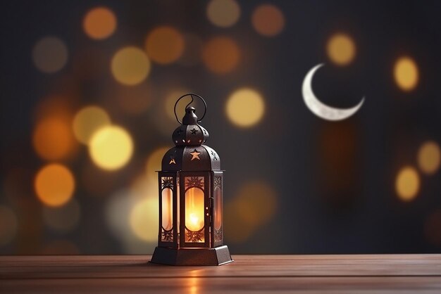 Ornamental Arabic lanterns Glittering golden bokeh lights on the table