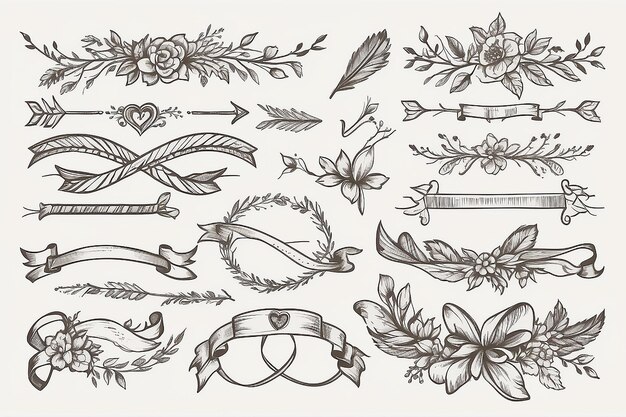 Ornamental arrow ribbons valentine and wedding hand drawn line art