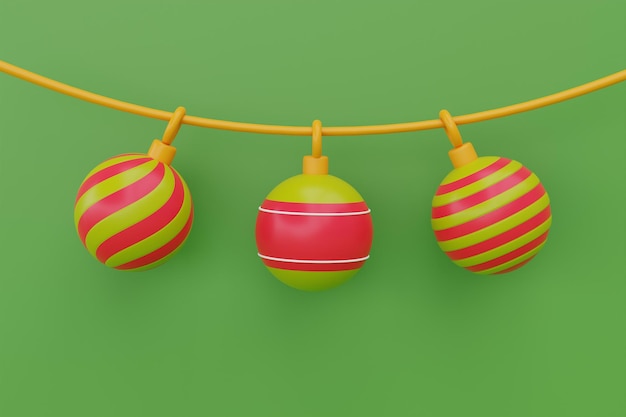 Декоративные шары, висящие на ленточных украшениях на Рождество и Новый год 3d-рендеринг