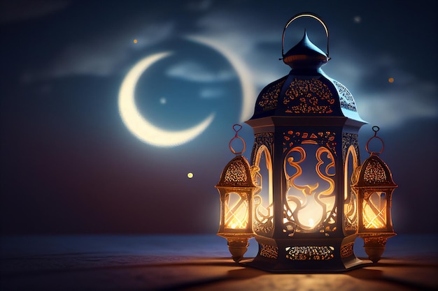 Ornamental and golden Arabic lantern with moon glowing night and glittering golden bokeh lights Fes