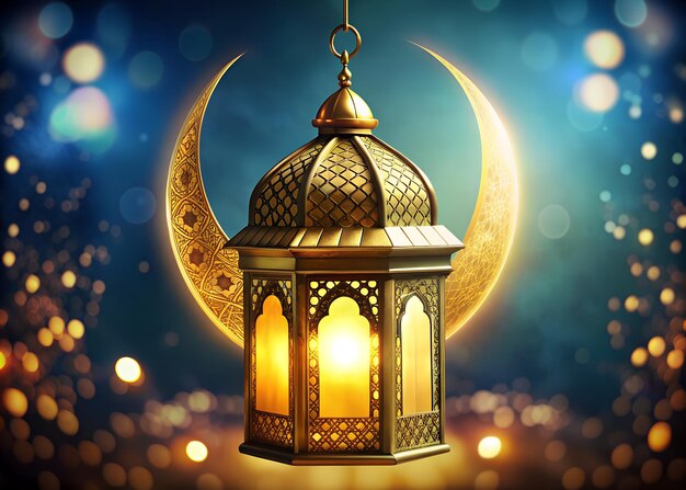 Ornamental and golden Arabic lantern with moon glowing night and glittering golden bokeh lights