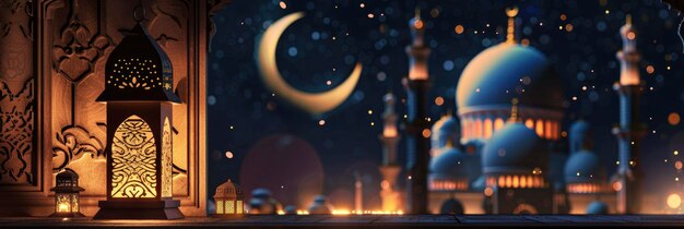 an ornamental lantern with crescent moon on the background of mosque silhouette at night ramadan concept