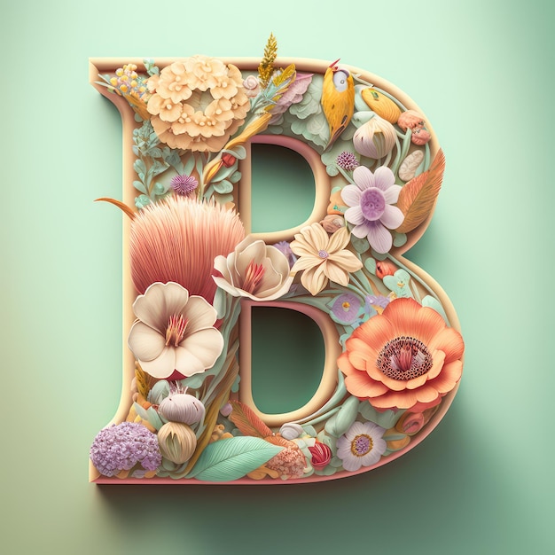 Ornamental letter B covered with flowers Generative AI design element