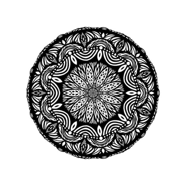Декоративный круглый цветочный узор Ручной обращается элемент Черно-белая мандала