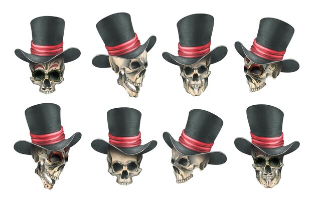 Photo ornamented human skulls in a black top hat with a red ribbon hand drawn watercolor illustration for day of the dead halloween dia de los muertos set of isolated elements on a white background