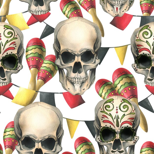 Ornamented human skulls with maracas garland paper flags hand drawn watercolor illustration for day