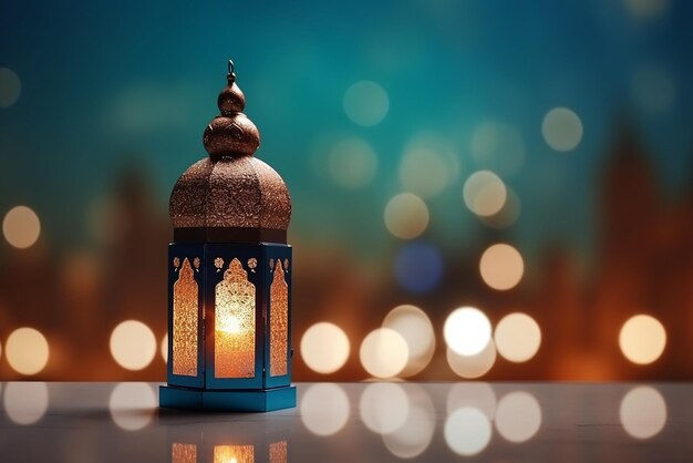 Ornamentele Arabische lantaarn gloeit op tafel voor de islamitische heilige maand Ramadan Kareem