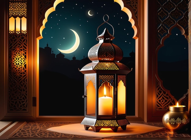 Ornamentele Arabische lantaarn met brandende kaars die's nachts gloeit feestelijke Ramadan Kareem