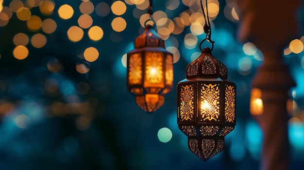 Ornamentele Arabische lantaarn met brandende kaars die's nachts gloeit Ramadan Kareem concept