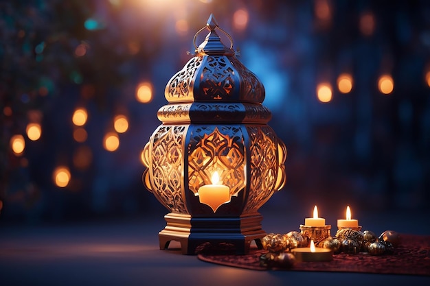 Ornamentele Arabische lantaarn met een brandende kaars die's nachts gloeit feestelijke groetenkaart uitnodiging voor de islamitische heilige maand Ramadan Kareem