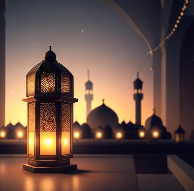 Foto ornamentele arabische lantaarn met eid mubarak achtergrond