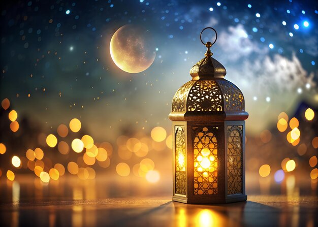 Foto ornamenten en gouden arabische lantaarn met maan gloeiende nacht en glinsterende gouden bokeh lichten