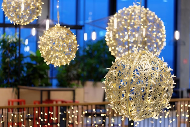 Ornaments and lights on the decorated Christmas tree